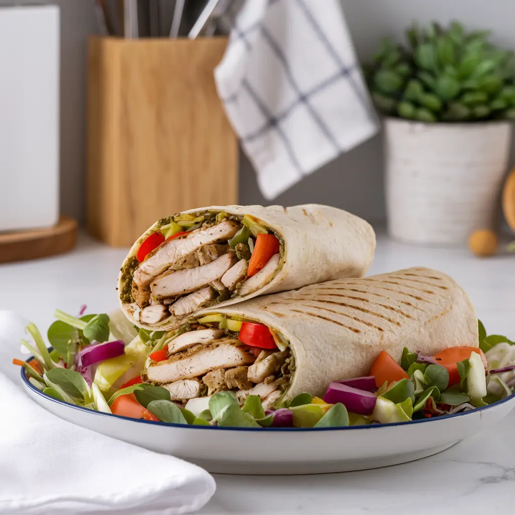 A freshly made chicken pesto wrap with vibrant greens and a side salad.