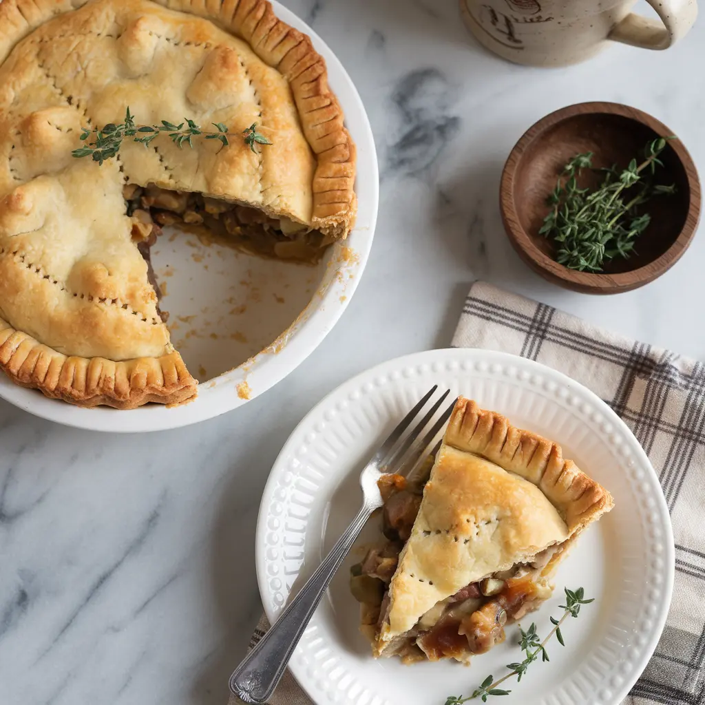 Golden chicken pot pie with a flaky crust on a rustic table.