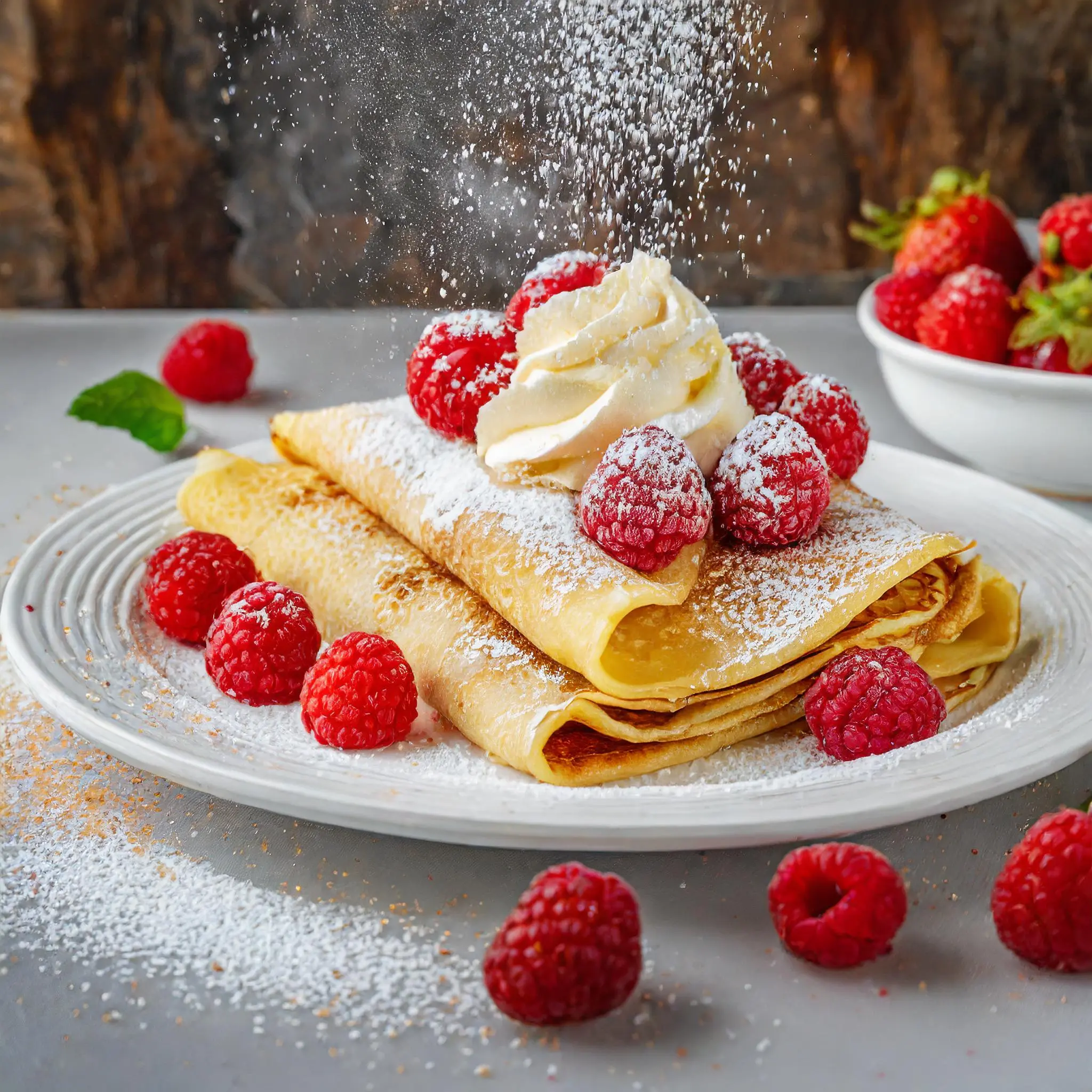 French crêpes topped with powdered sugar, fresh raspberries, strawberries, and a dollop of whipped cream, served on a white plate with a light gray background.