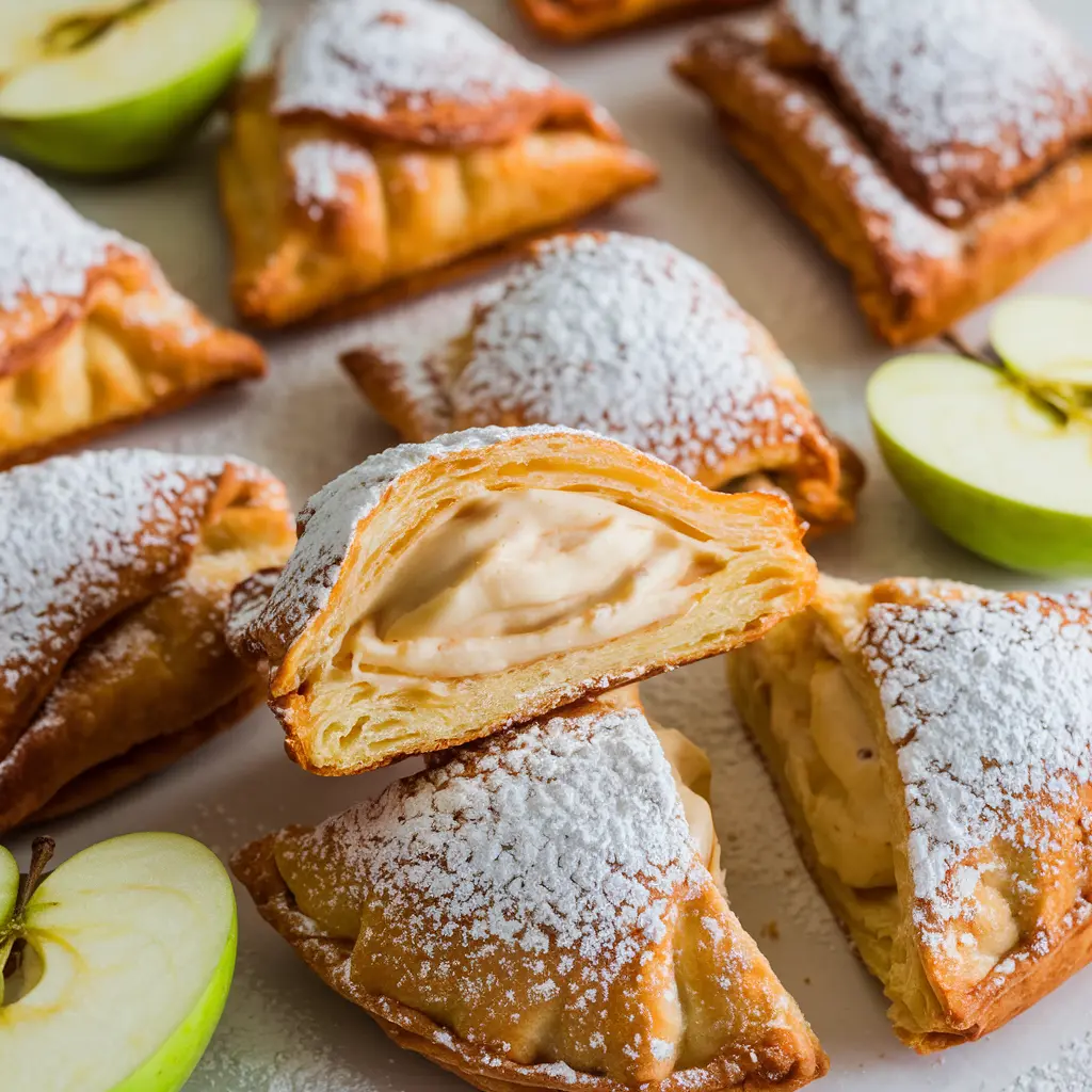 Golden apple turnovers served on a rustic plate with garnishes