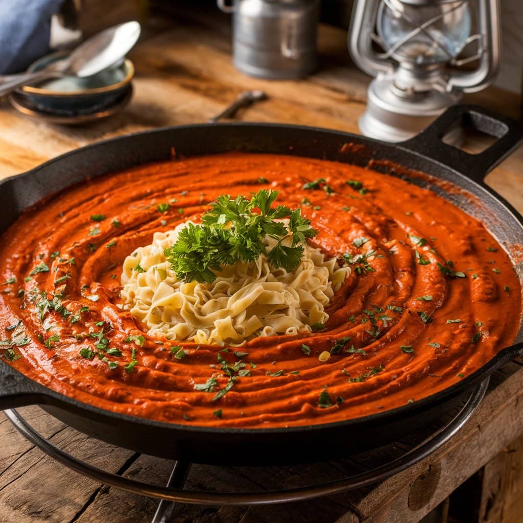 Traditional Hungarian paprikash sauce served in a skillet