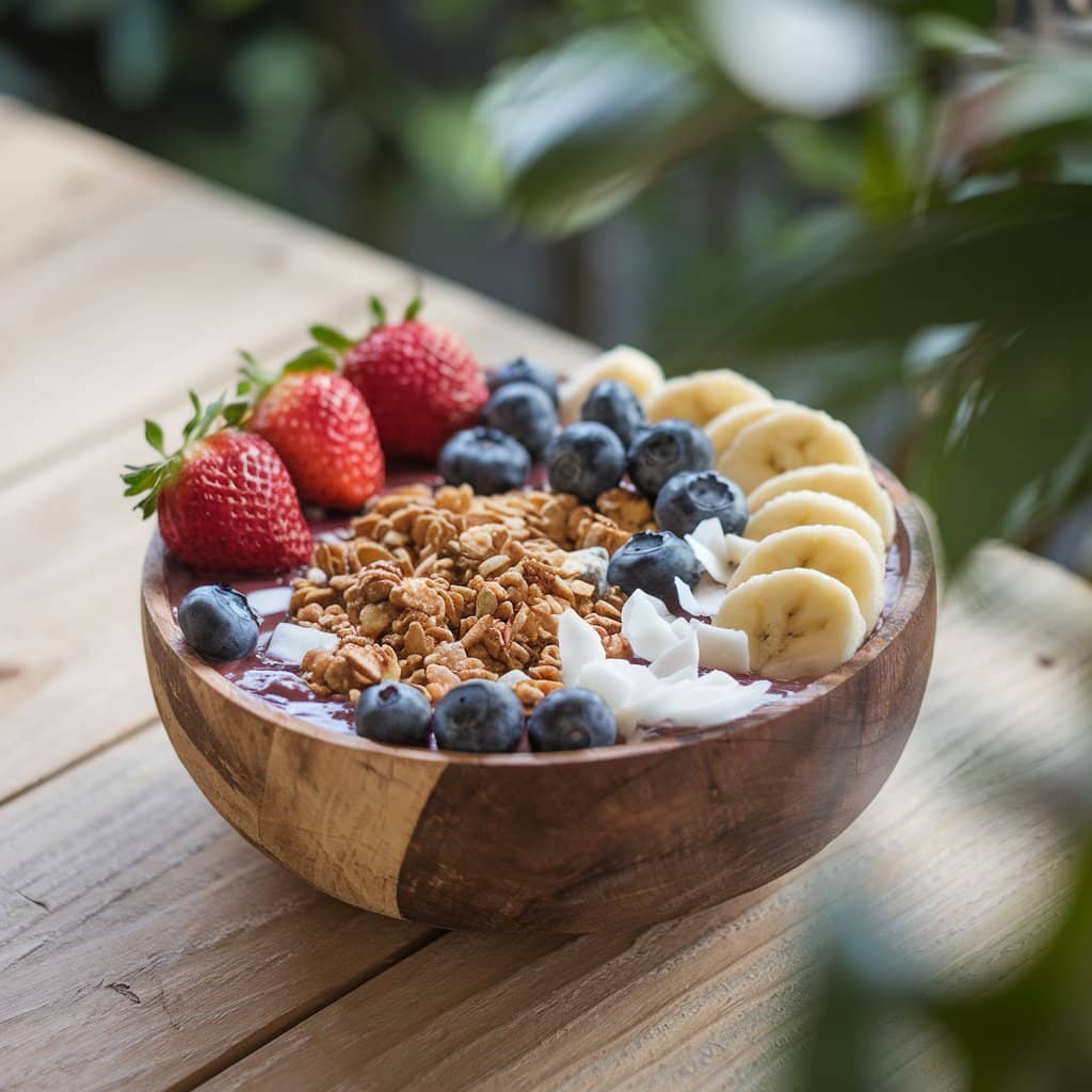 Berry acai bowl topped with fresh fruit, granola, and coconut flakes.