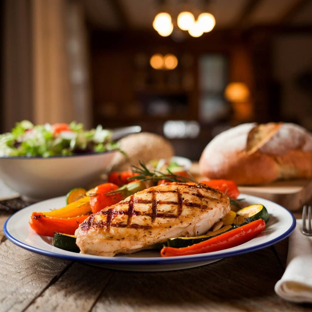 Grilled chicken with assorted vegetables on a plate