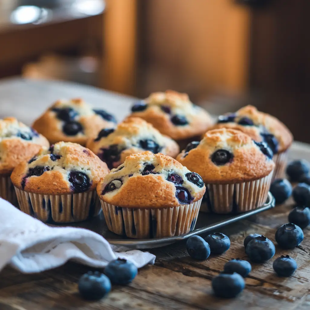 Freshly baked blueberry muffins with scattered blueberries on a rustic wooden table.