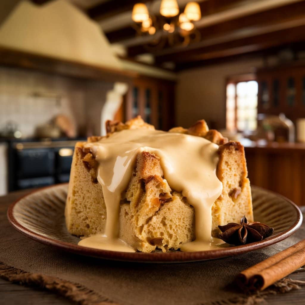 Bread pudding with sauce poured on top