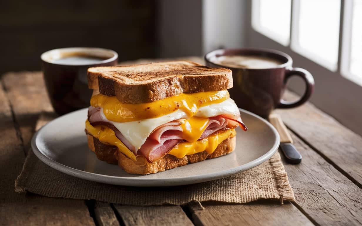 A Breakfast Jack sandwich with egg, ham, and cheese on a toasted bun, served with coffee.