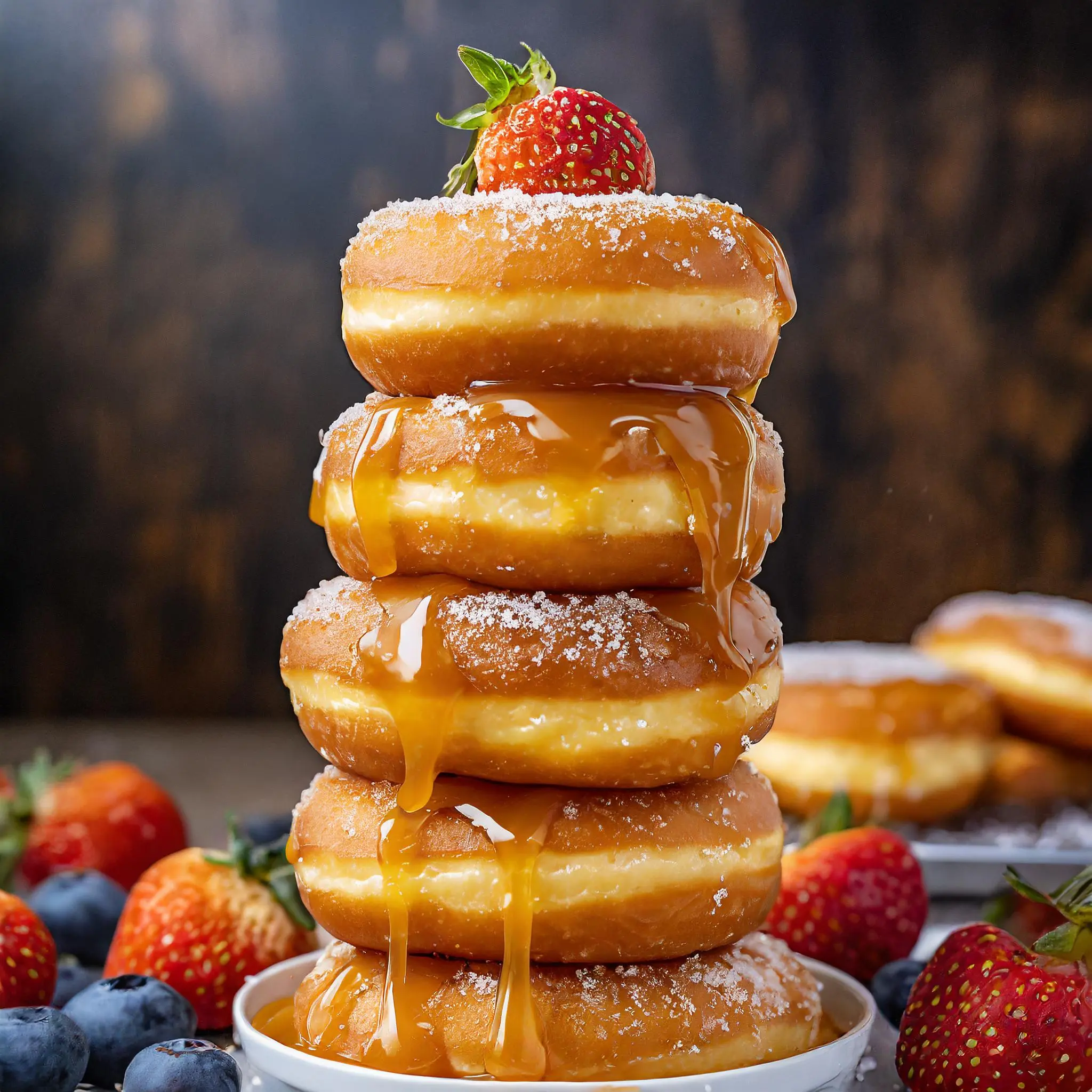 : A plate of caramel doughnuts with glossy caramel glaze and a cup of coffee.