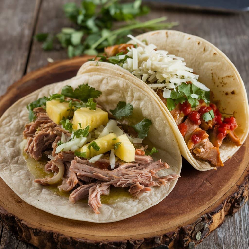 Carnitas and al pastor tacos comparison on a rustic plate.