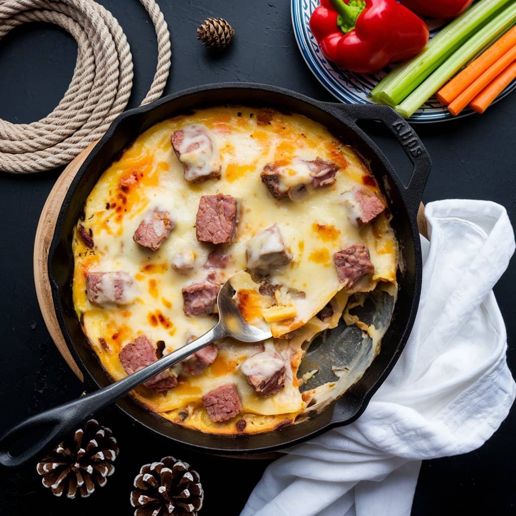 iron skillet of Cheesy Beef Artichoke Dip with melted cheese and herbs.