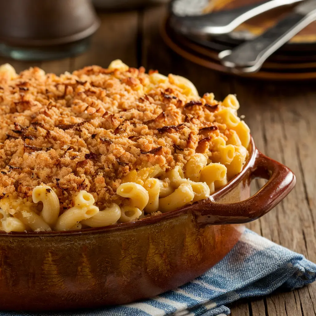 A close-up view of a baked mac and cheese dish with a golden, crispy breadcrumb topping.