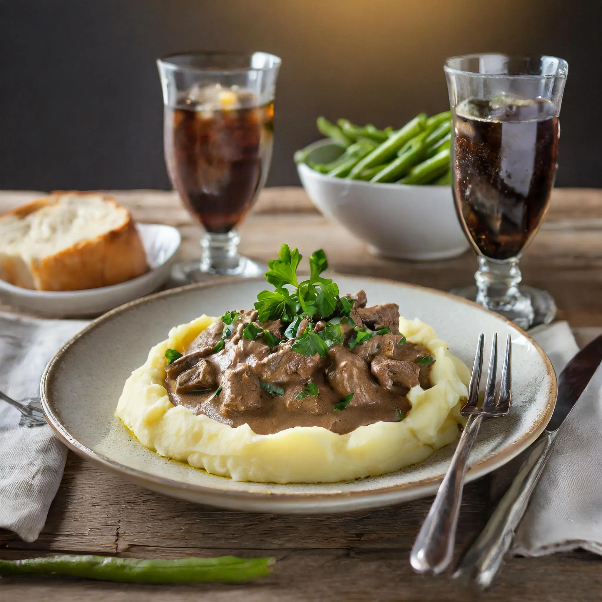 A plate of Beef Stroganoff with Creamy Mushroom Sauce served over egg noodles, garnished with fresh parsley on a rustic wooden table.