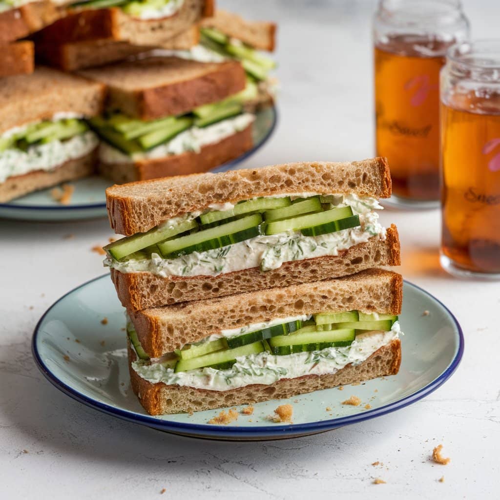 A plate of freshly prepared cucumber sandwiches served on a wooden tray.