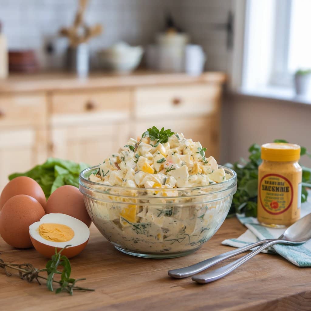 Classic egg salad in a bowl with ingredients around.