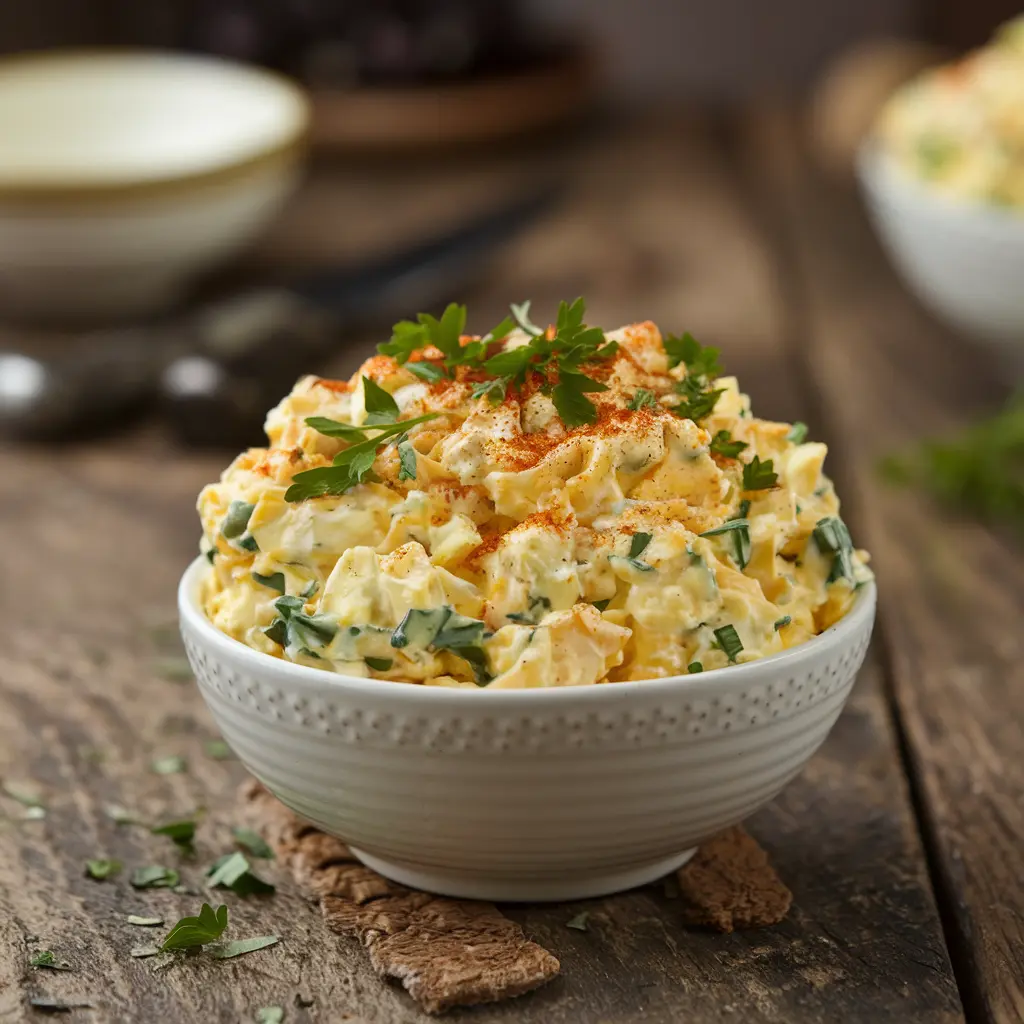 Egg salad in a bowl with fresh herbs.