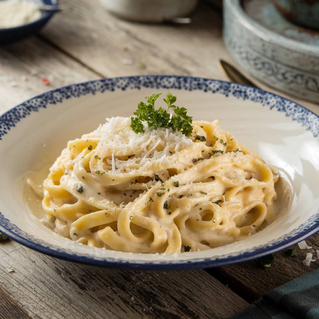 : A plate of fettuccine Alfredo with creamy sauce and Parmesan cheese.