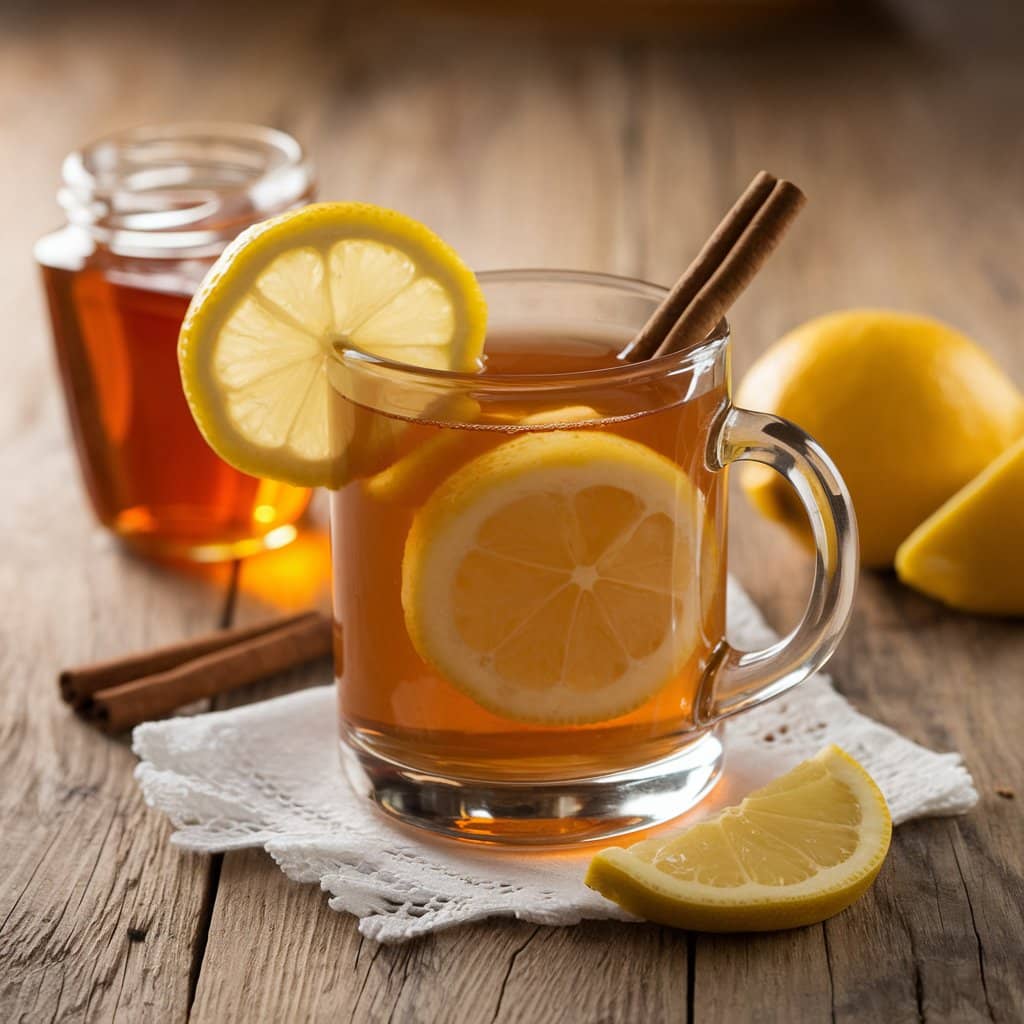 Warm hot toddy with lemon, honey, and spices.