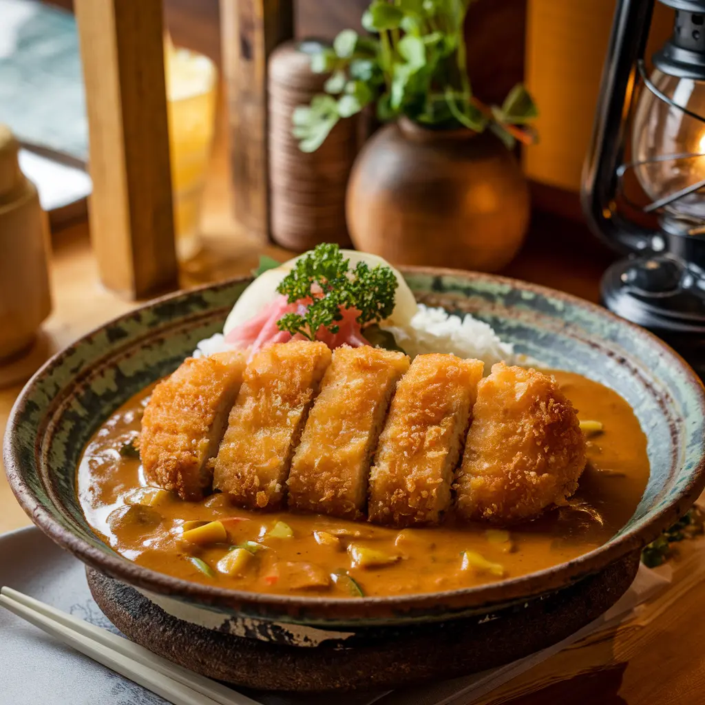 A plate of Katsu Curry with breaded pork, curry sauce, and rice.