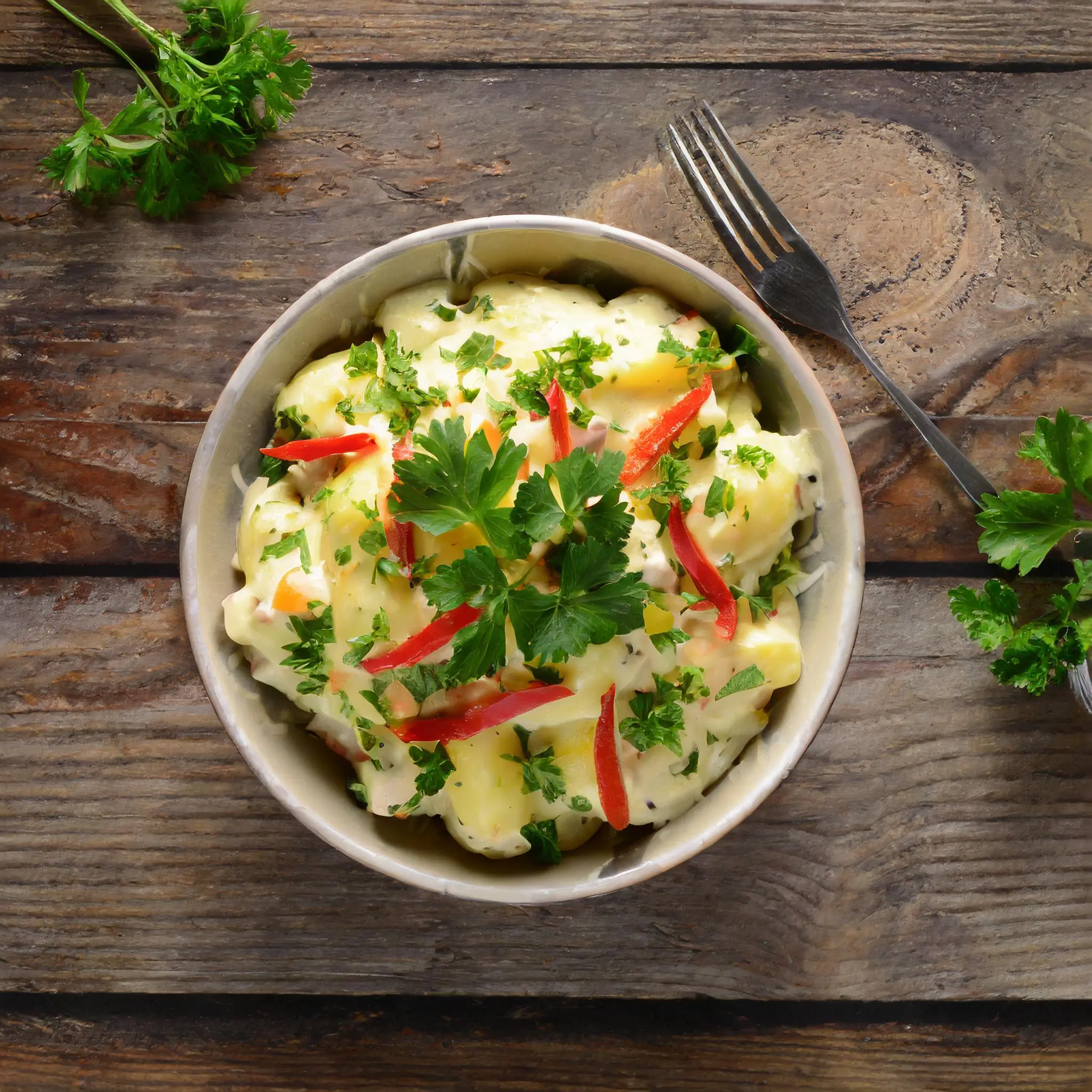 Bowl of creamy potato salad garnished with herbs.