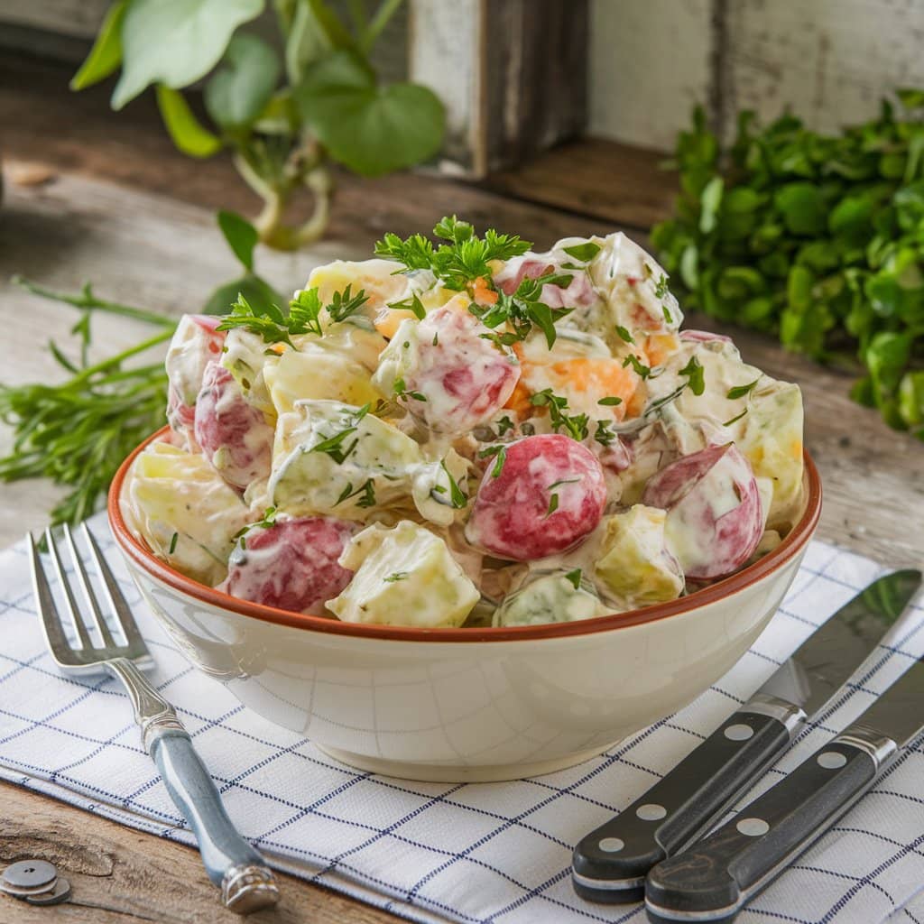 Classic potato salad in a bowl with fresh herbs and paprika garnish