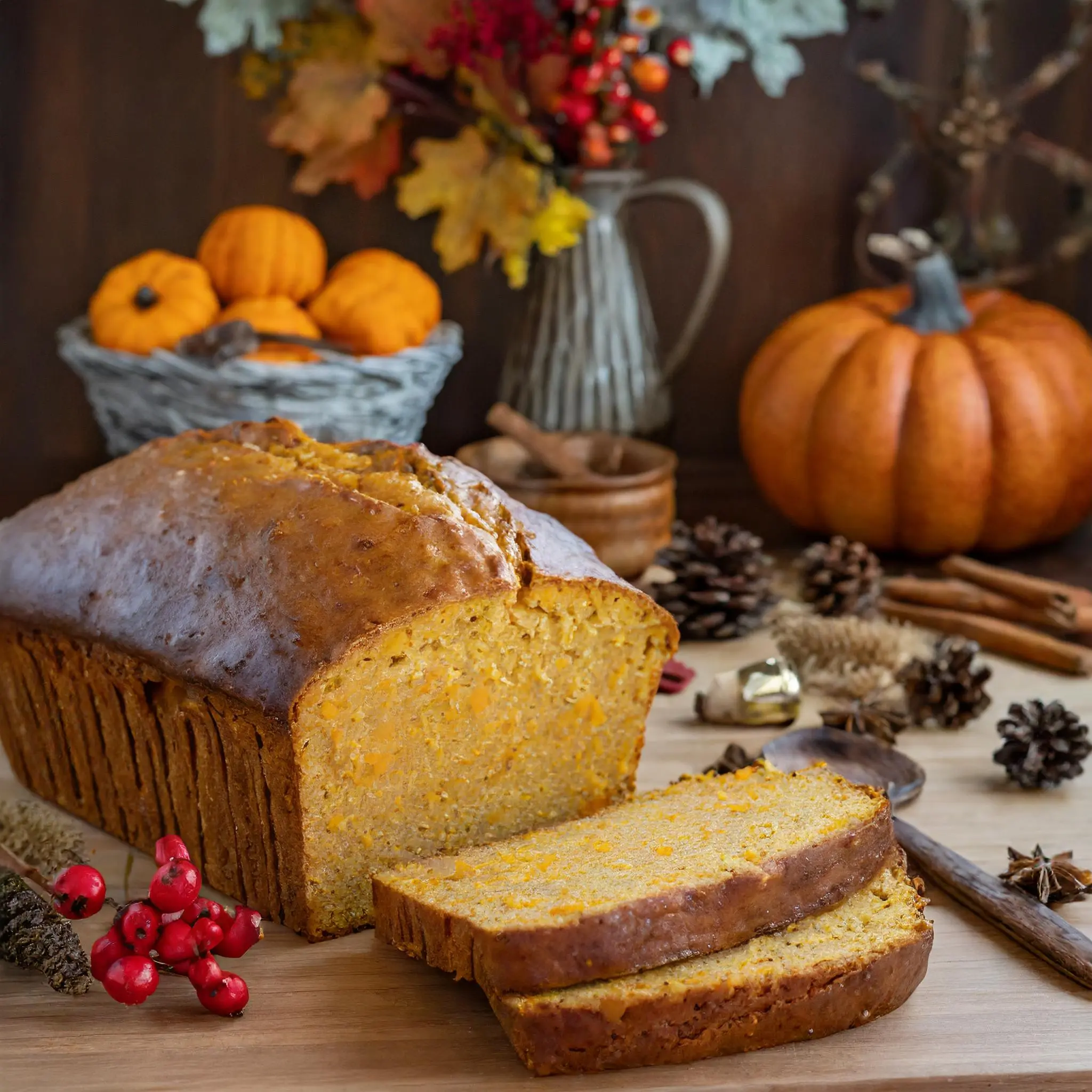 Freshly baked pumpkin bread with a slice cut out.