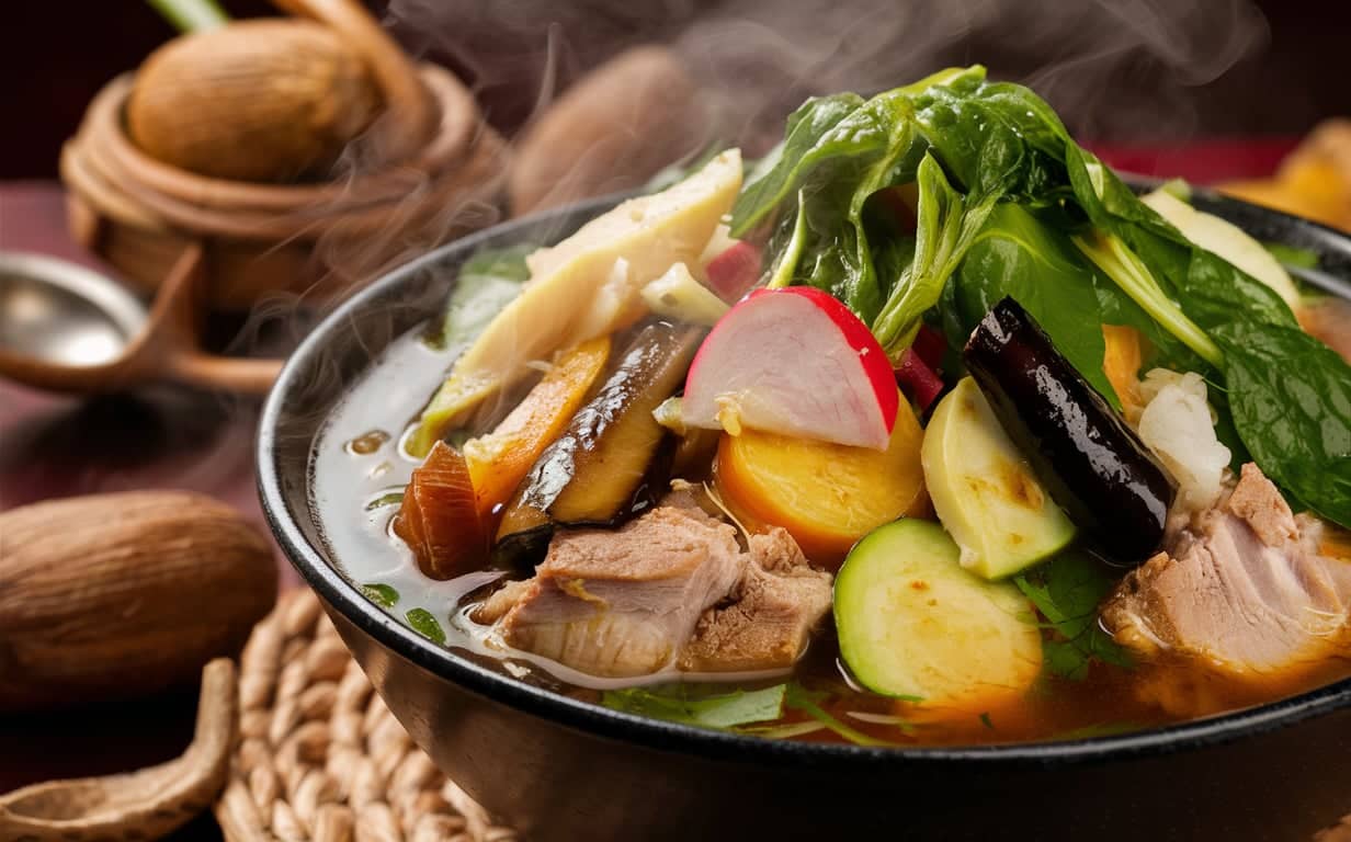 A classic Sinigang Recipe served in a bowl with vegetables and pork.