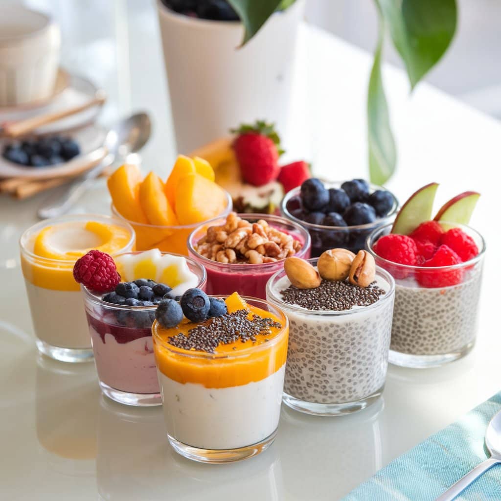 Breakfast shots in vibrant colors with fresh garnishes.