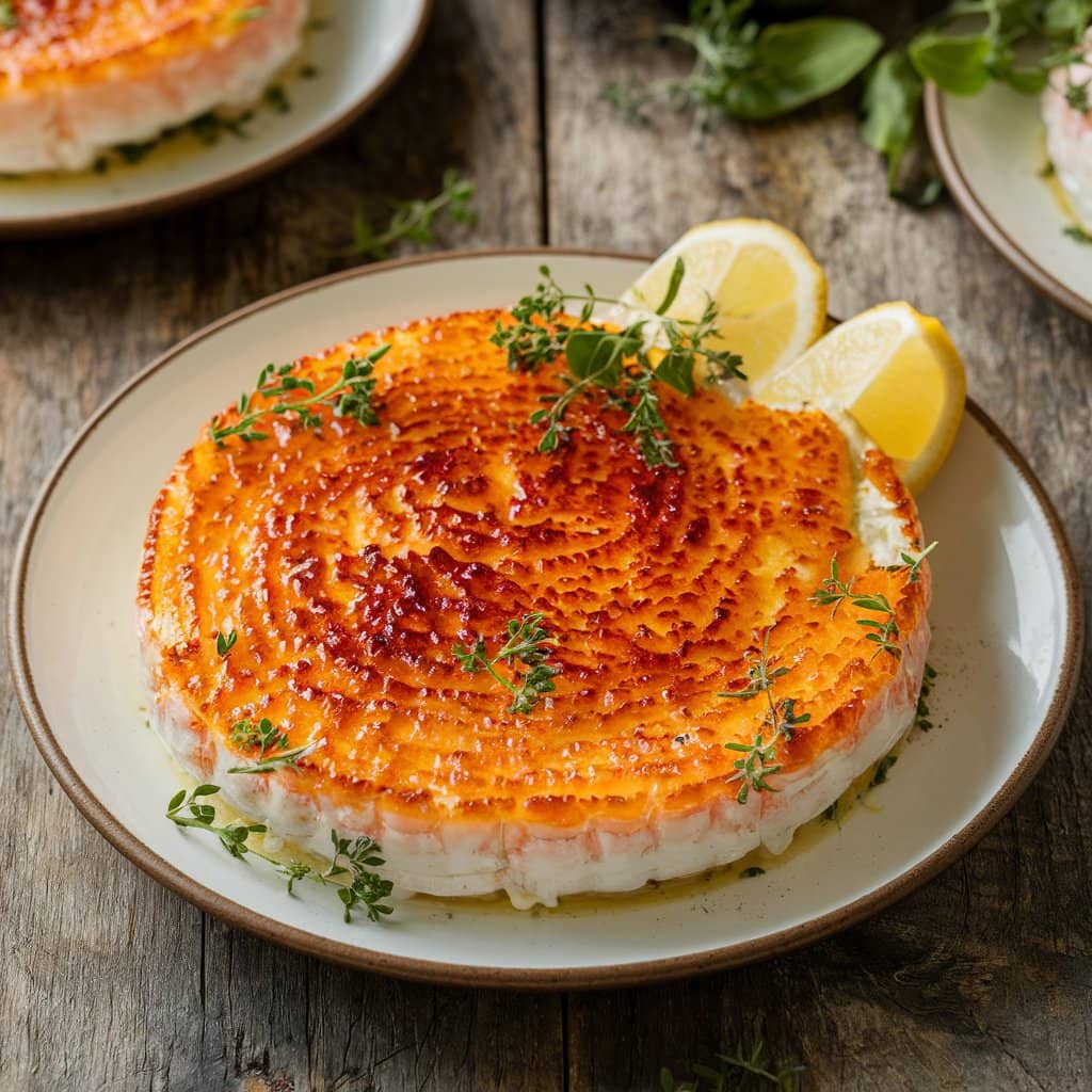 Crab brûlée with caramelized top and fresh herbs