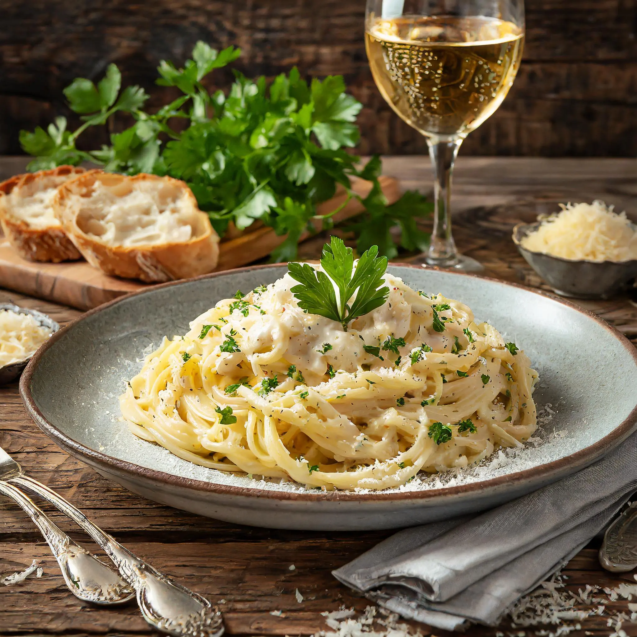 A plate of creamy Cottage Cheese Alfredo Pasta garnished with parsley.