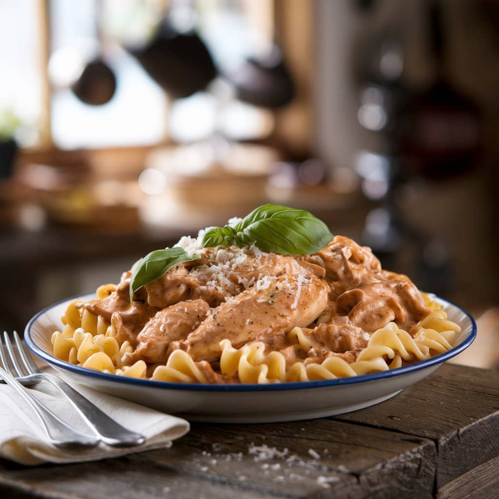 Creamy Tuscan chicken pasta on a rustic table.