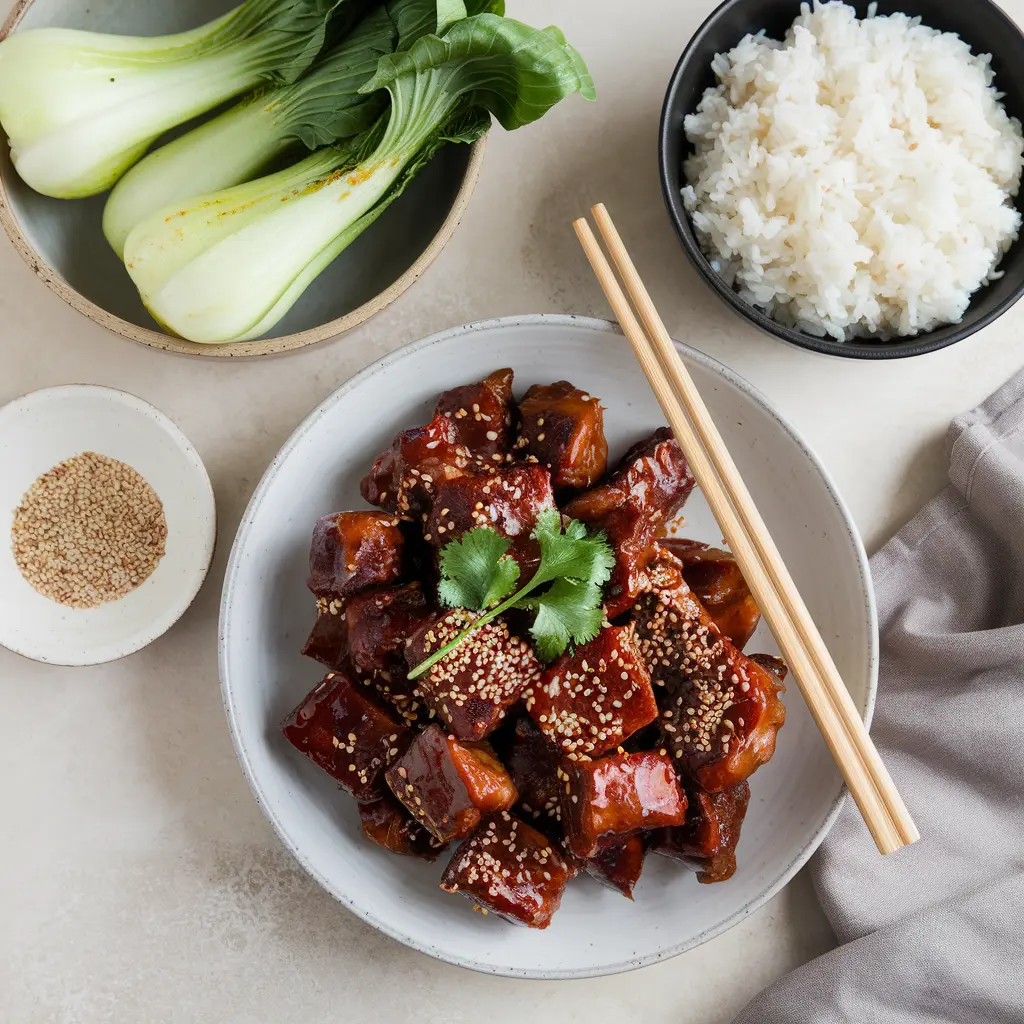 A plate of freshly made Crispy Chilli Beef with garnishes.