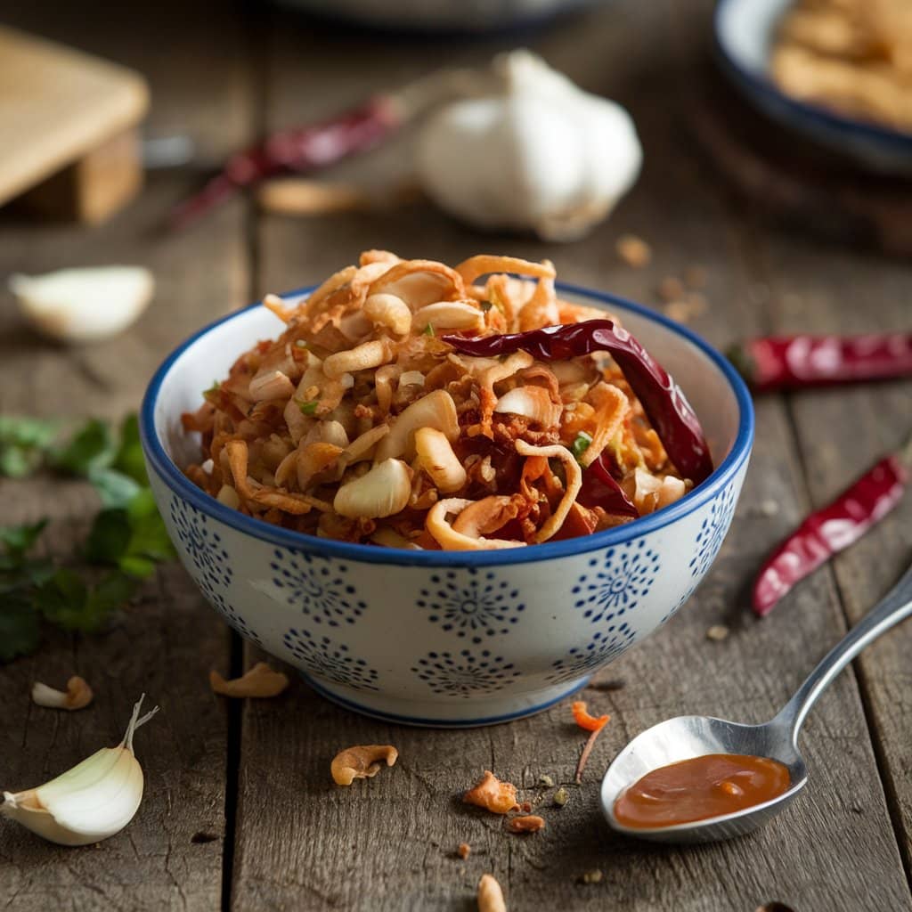 Bowl of homemade crispy chilli sauce with garlic and dried chillies.