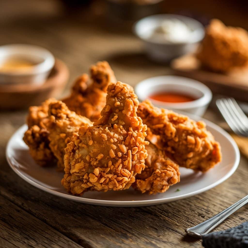 Crispy fried chicken on a plate with dipping sauces.