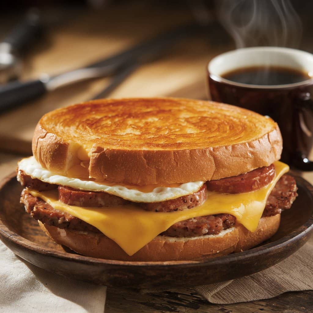 Jimmy Dean breakfast sandwich with coffee.