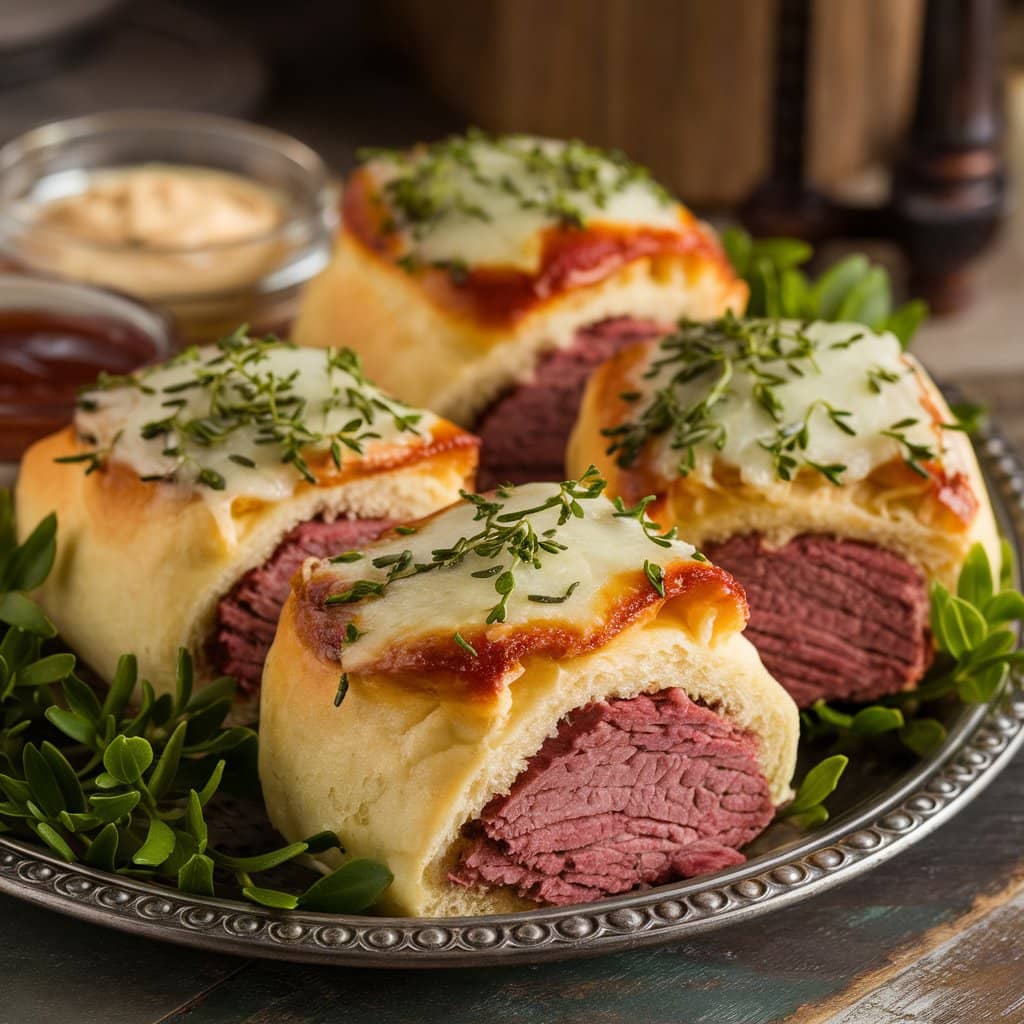 Roast beef potluck rolls on a serving platter.