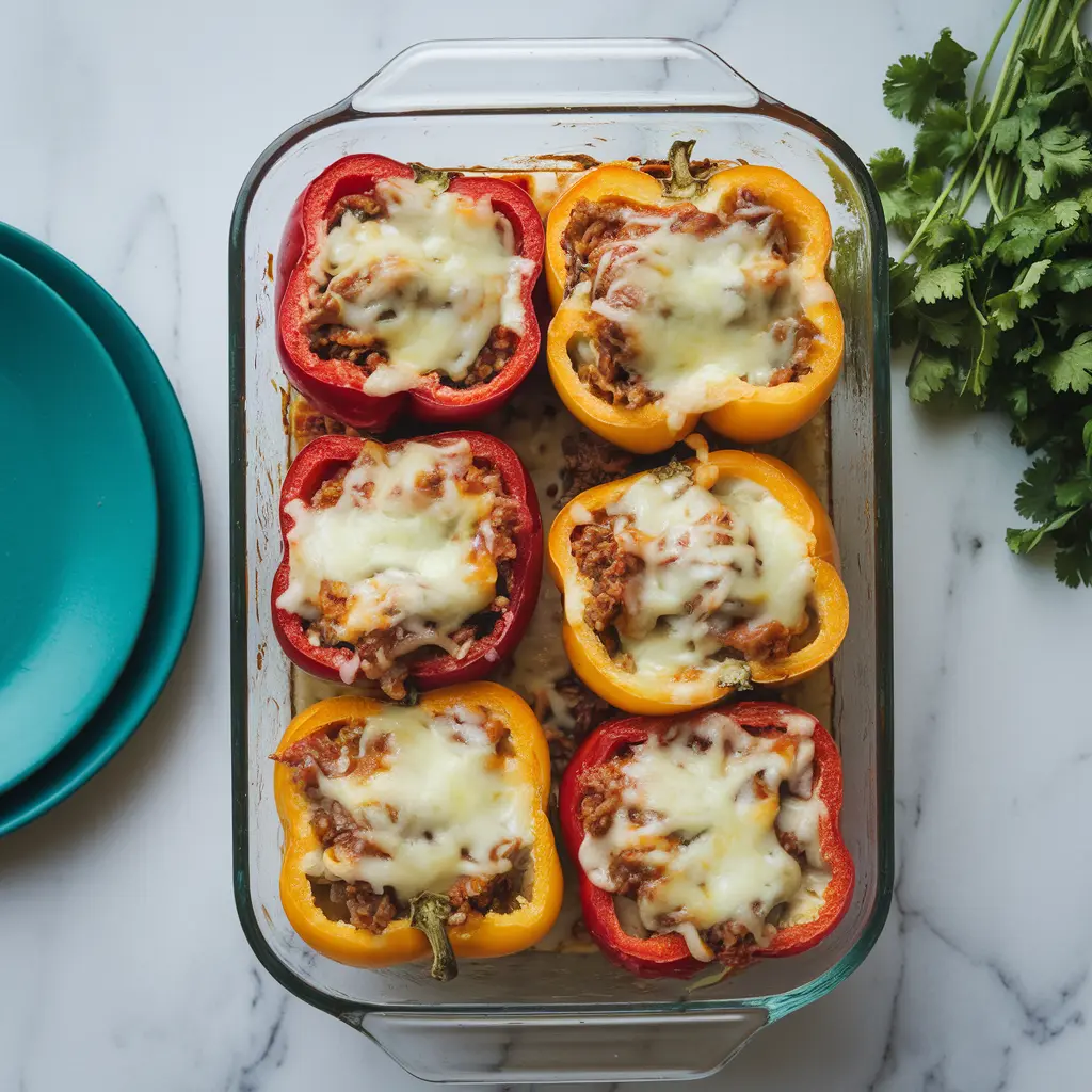 Stuffed bell peppers served on a plate with fresh herbs