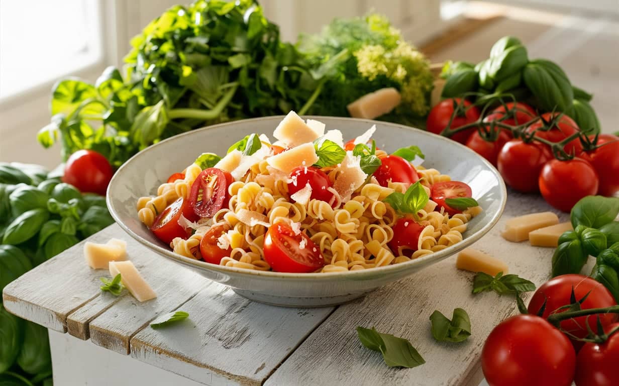 A bowl of ditalini pasta surrounded by fresh ingredients like tomatoes and basil.