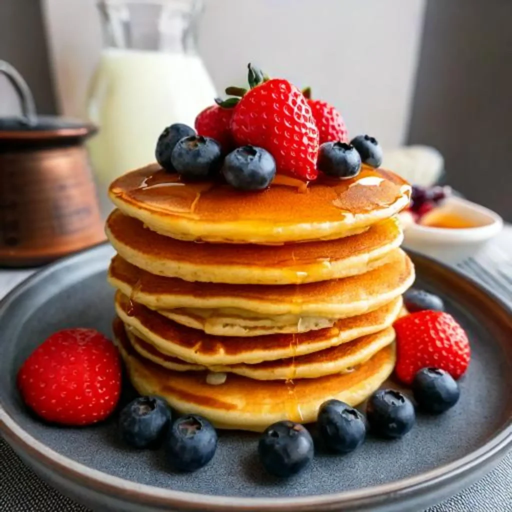 A tall stack of eggless pancakes drizzled with maple syrup, topped with fresh berries and melting butter.