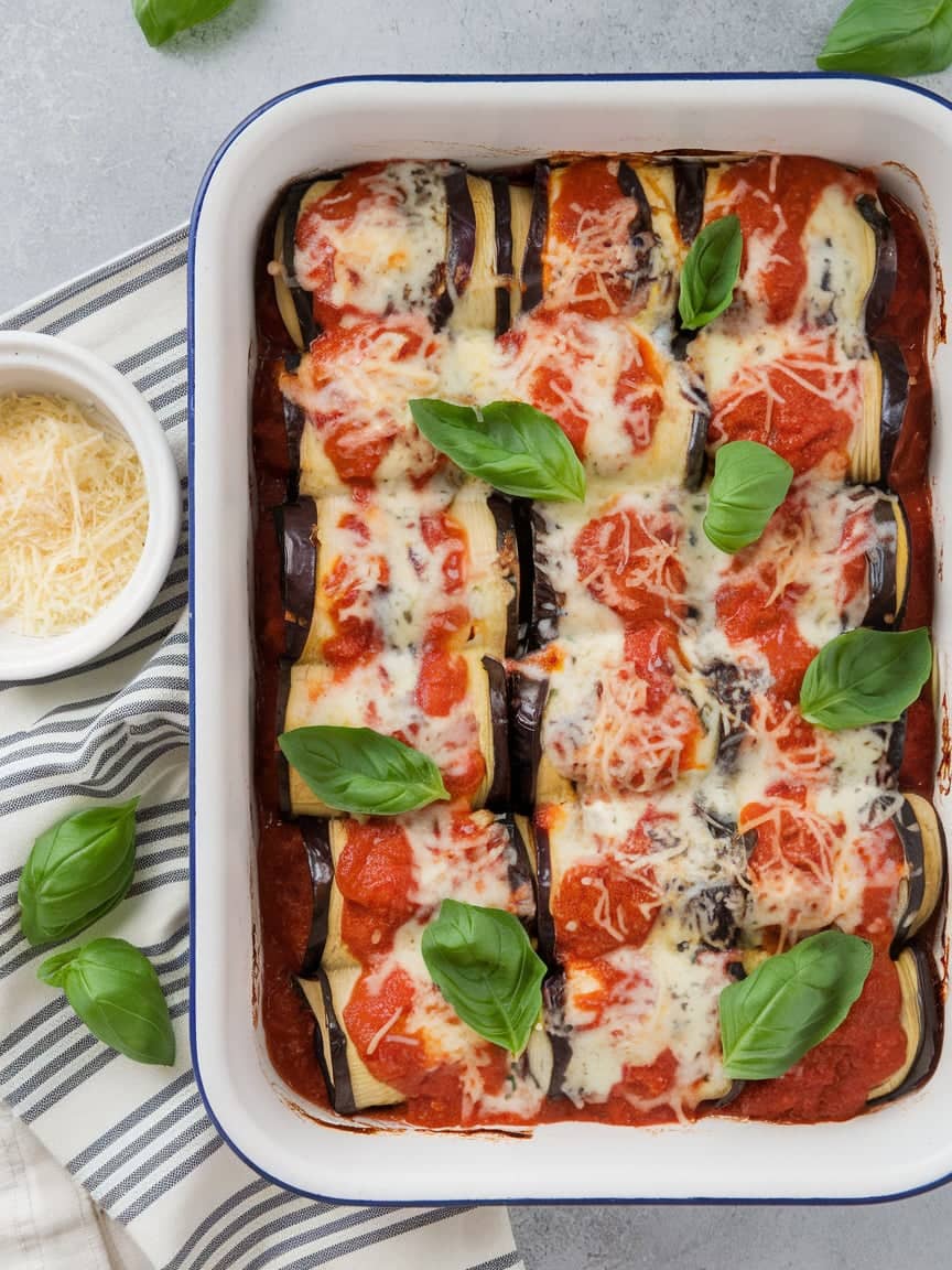 Italian Eggplant Rollatini on a serving plate