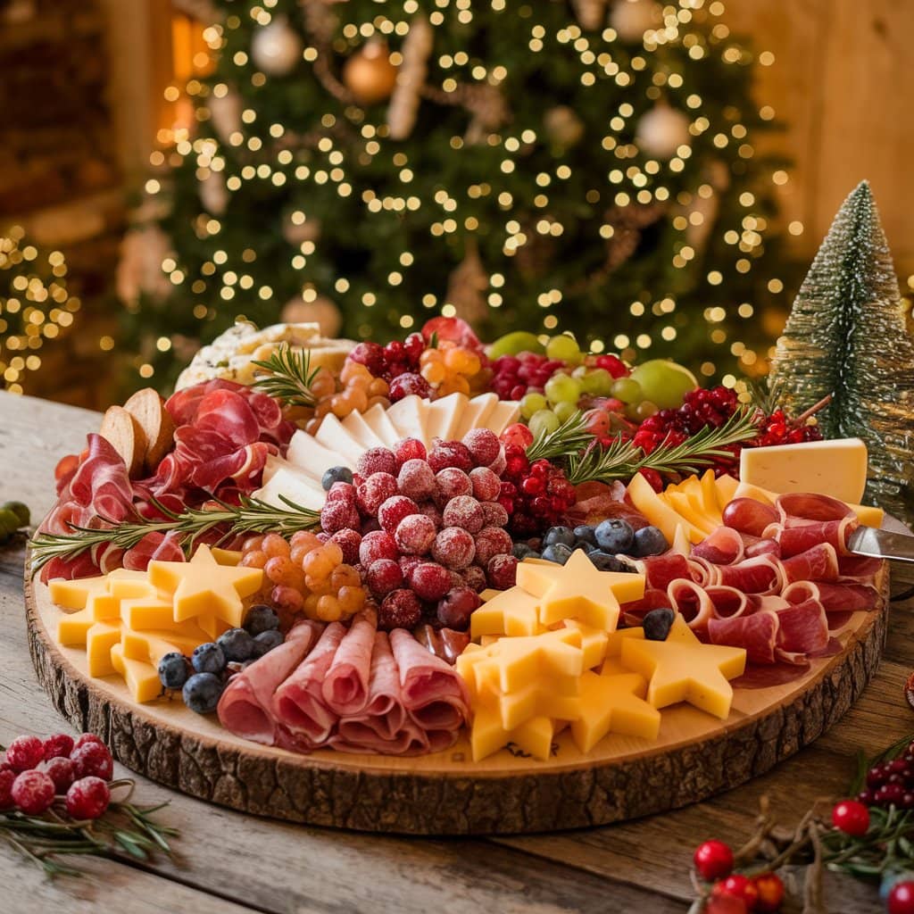 Festive Christmas charcuterie board with meats, cheeses, and holiday decorations.