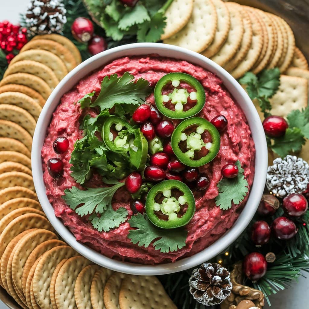 Cranberry jalapeño dip served in a festive bowl with crackers