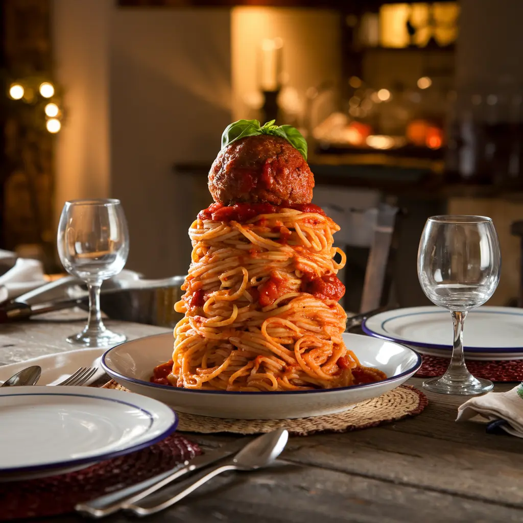 Finished spaghetti tower with garnishes and sauce on a table.