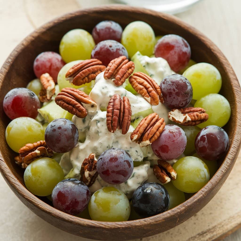 A bowl of freshly made grape pecan salad