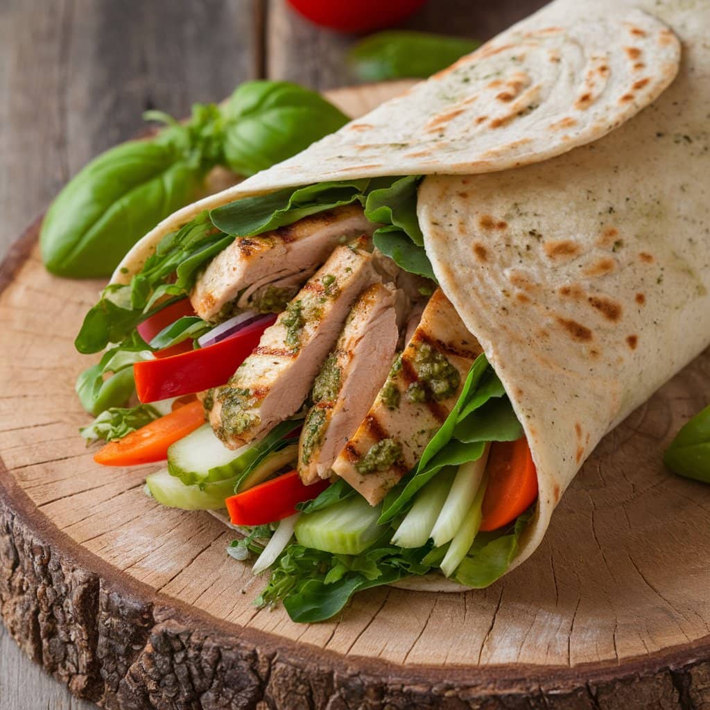 Freshly made pesto wrap with vegetables on a wooden board