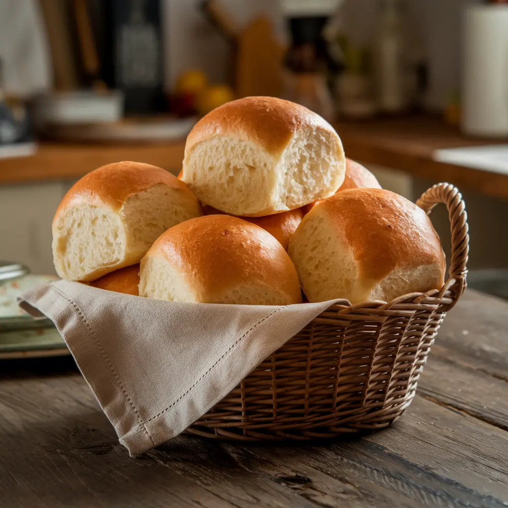 Freshly baked golden dinner rolls in a basket.