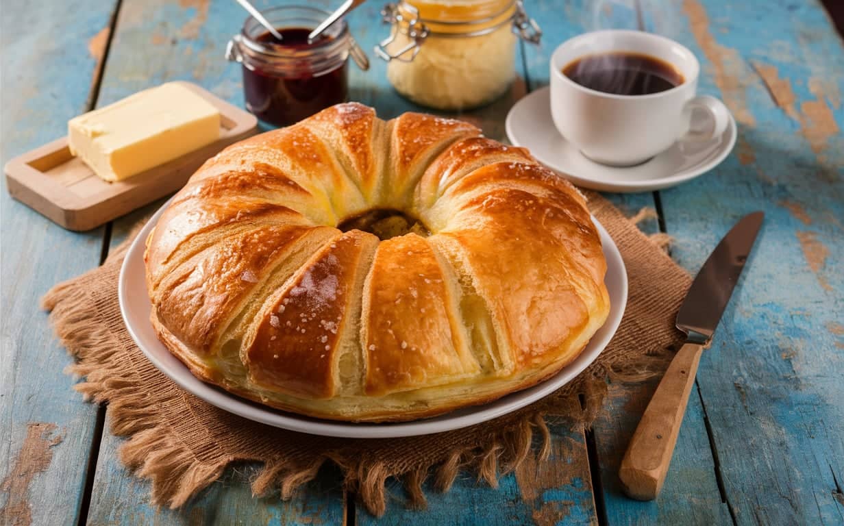 Freshly baked golden Gipfeli with coffee and jam.