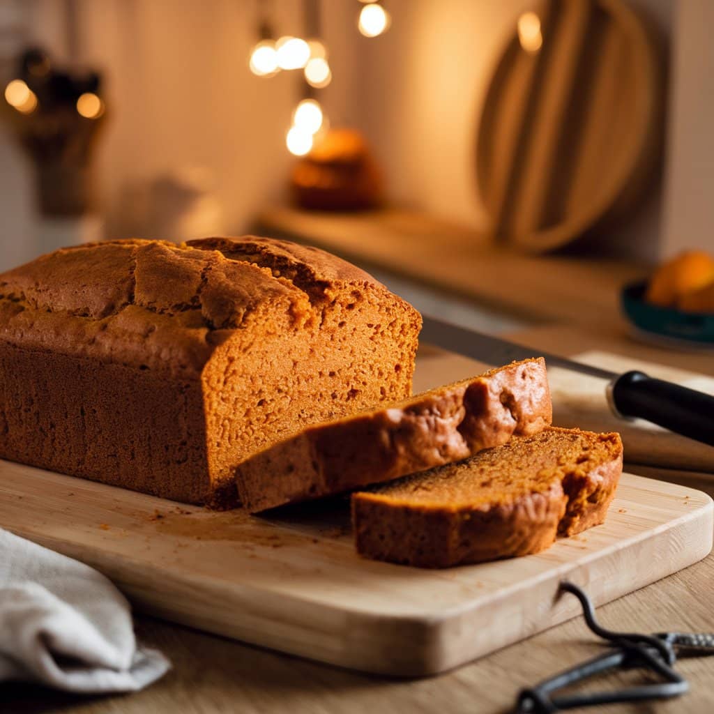 Freshly baked pumpkin bread on a wooden cutting board