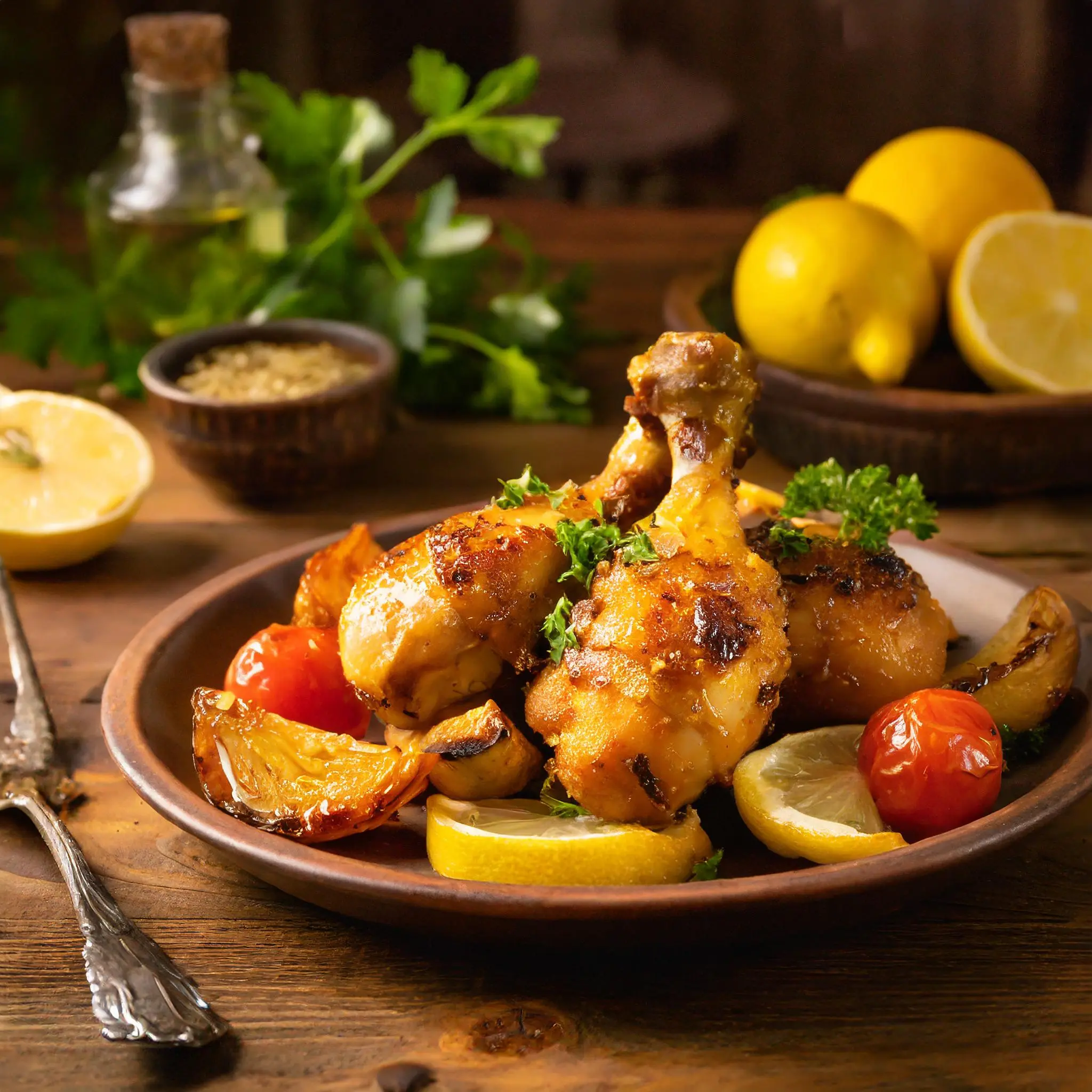 Golden garlic chicken thighs served on a rustic plate.