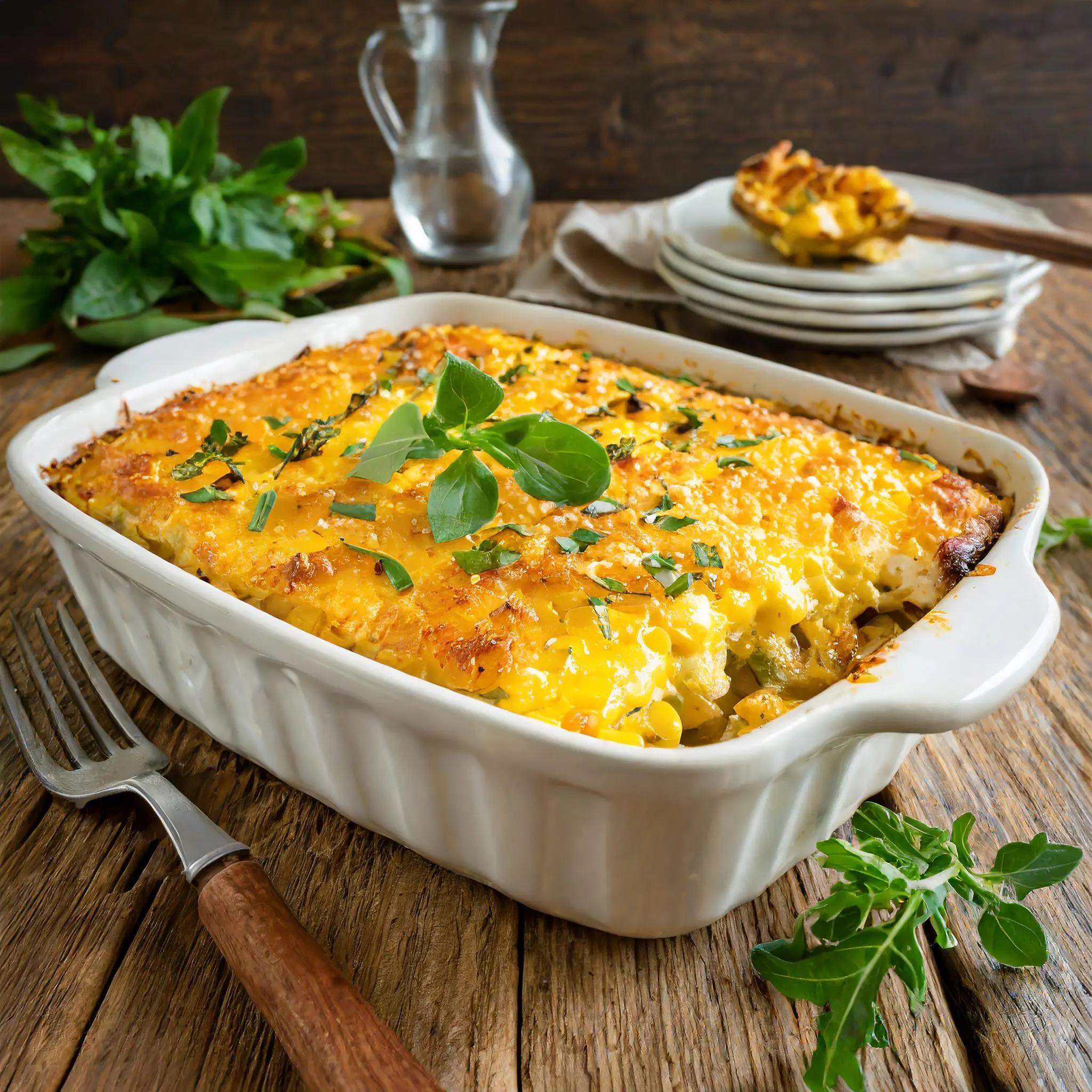 Corn casserole baking in the oven with a golden crust forming