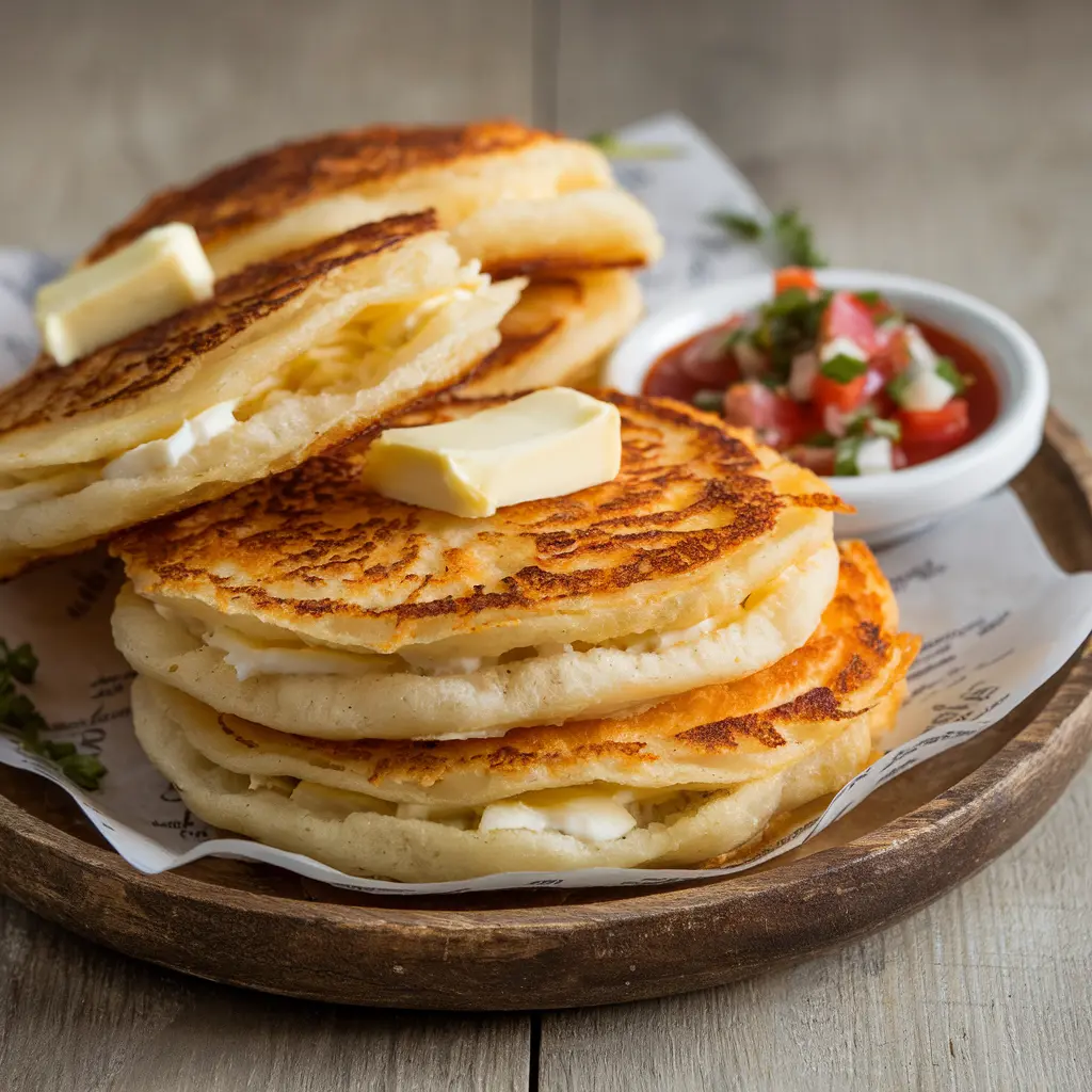 Freshly cooked Homemade arepas with butter on a wooden plate.