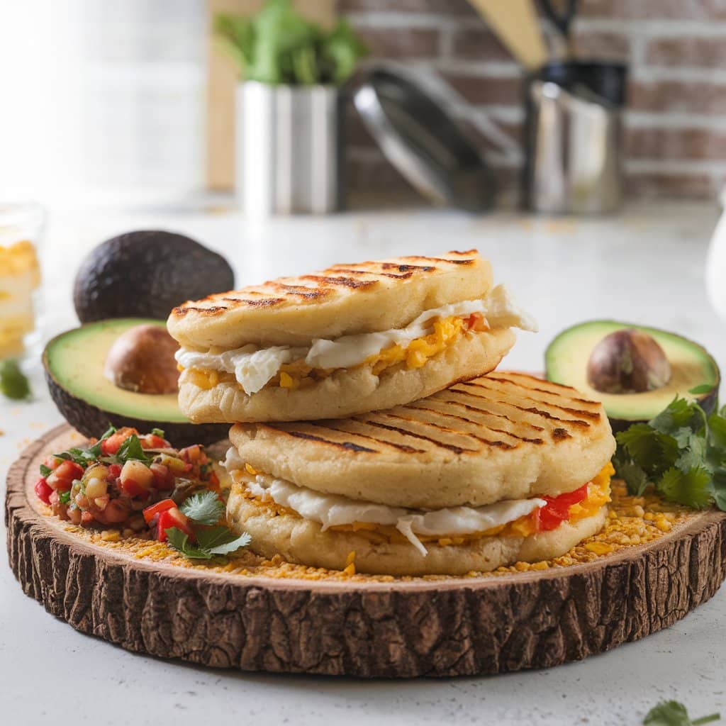 Freshly made homemade arepas served on a wooden plate.